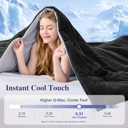 MUXHOMO Cooling Comforter Set Queen Size, Lightweight Summer Comforter for Hot Sleeper, Reversible Bedding with ICY Cooling Surface, Includes 1 Comforter (90"x90") and 2 Shams (20"x 26"), Black