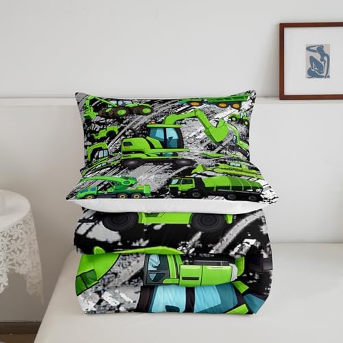Excavator Down Comforter, Kids Boys Cartoon Car Comforter Set Full, Children Tractor Truck Duvet Sets Girls Construction Vehicle Bulldozer Bedding Set 3 Pieces with 2 Pillow Cases, Green Gray