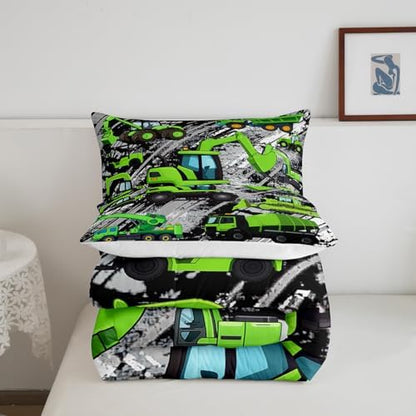 Excavator Down Comforter, Kids Boys Cartoon Car Comforter Set Full, Children Tractor Truck Duvet Sets Girls Construction Vehicle Bulldozer Bedding Set 3 Pieces with 2 Pillow Cases, Green Gray