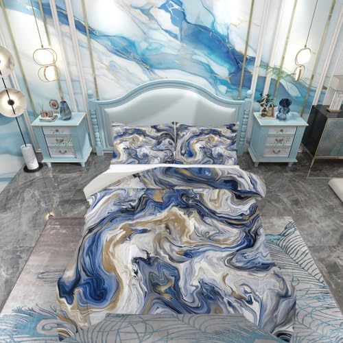 jejeloiu Blue Gray Gold Marble Bedding Set Soft for Boys Girls, Modern Marble Aesthetic Comforter Set Full Size Retro Watercolor Duvet Quilt Abstract Texture Bedroom Decor 3 Pcs with 2 Pillow Cases