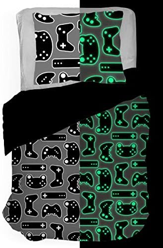 Game On Twin Comforter Sham Set Kids Video Game Glow in the Dark, Gray