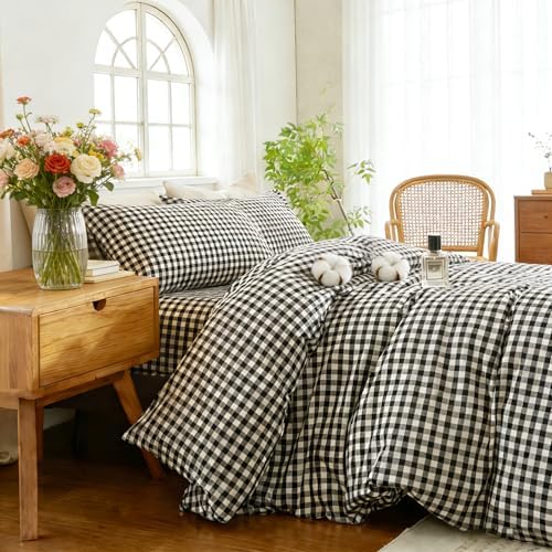 Gingham Duvet Cover Set 3 Piece 100% Washed Cotton Linen Feel Modern Plaid Checkered Bedding Comfy Breathable (Black/White Gingham, King)