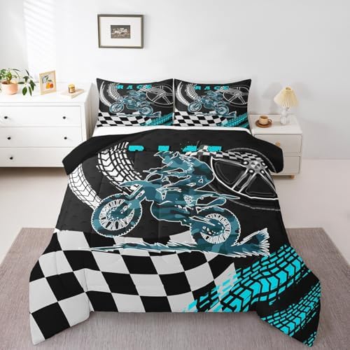 Racing Motorcycle Comforter Set Dirt Bike Motocross Rider Queen Bedding Sets for Boys Girls,Extreme Sports Moto Quilt Motorbike Vehicles Duvet Insert,Black White Lattice Buffalo Plaid Decor