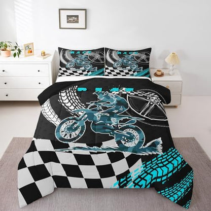 Racing Motorcycle Comforter Set Dirt Bike Motocross Rider Queen Bedding Sets for Boys Girls,Extreme Sports Moto Quilt Motorbike Vehicles Duvet Insert,Black White Lattice Buffalo Plaid Decor