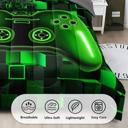 6 Pieces Full Size Gaming Bed in a Bag for Kids, Green 3D Game Controller Comforter Set, Gamer Bedding Set for Boys Girls Teens Cool Bedroom Decor All Season Full56