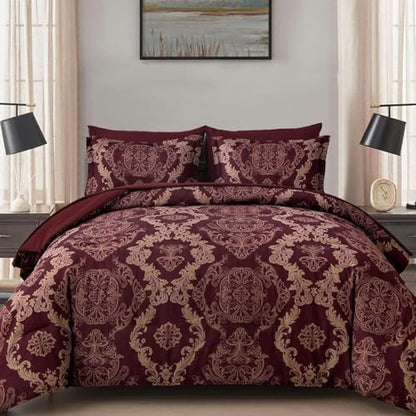 WONGS BEDDING Burgundy Comforter Set Full Size, Maroon Damask Texture 7 Pieces Bed in a Bag Microfiber Comforter Bedding Sets -1 Comforter, 1 Flat Sheet, 1 Fitted Sheet, 2 Pillow Shams,2 Pillowcases