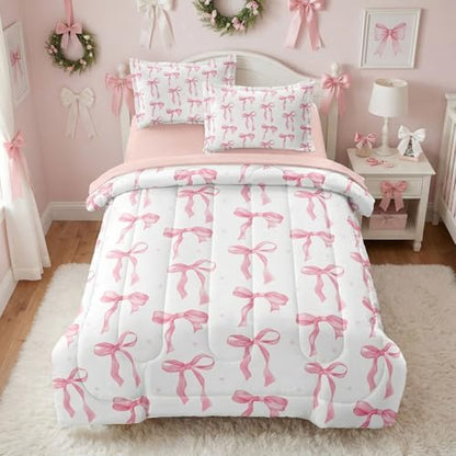Pink Comforter Set for Girls Princess Bow Knot Bed Set Girly Bedding 5 Pieces Cute Ribbon Bow Decor for Teen Girls Room, Full Size