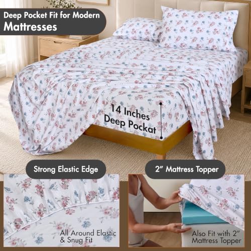 ZOYER 100% Cotton Sheets – California King Percale Bedding, Cooling & Breathable, Durable with a Crisp, Soft & Comfortable Feel, 14" Deep Pocket, 4-Piece Set, Flora Rhapsody