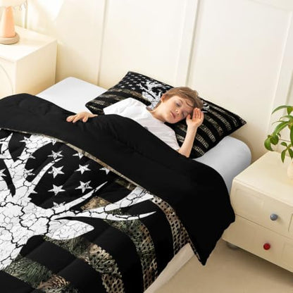 Feelyou Camo American Flag Deer Hunting Comforter Set Twin Size Bedding Set