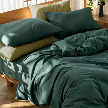 MooMee Bedding Duvet Cover Set 100% Washed Cotton Linen Like Textured Breathable Durable Soft Comfy (Solid Green, King 104"x90")