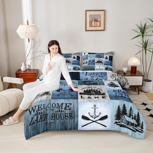 Lake House Comforter Set Full Size,Camping Fishing Quilt Set Bear Anchor Pine Print Grid Bedding Set Kids Boys Girls Adult Rustic Cabin Decor Blue Patchwork Plaid Duvet Insert,2 Pillowcases
