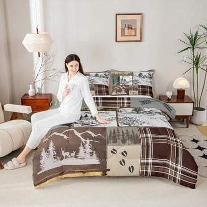 Homewish Rustic Cabin Comforter Set Queen,Adventure and Hunting Deer Antler Bedding Set,Boys Men Adult Room Decor Pine Wooden Plaid Patchwork Quilt Set Vintage Brown Duvet Insert 3Pcs