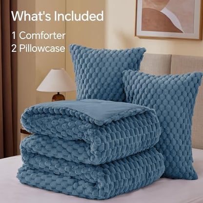 BEDELITE Fluffy Cal King Comforter Set, Blue Fog Fleece Bed Set 3 Pieces