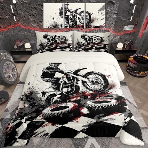 Feelyou Dirt Bike Comforter Set King Size Motorbike Bedding Set Ultra Soft Racing Motocross Rider Comforter for Kids Boys Girls Extreme Sports Duvet Quilt Bedroom Decor Cool Quilt