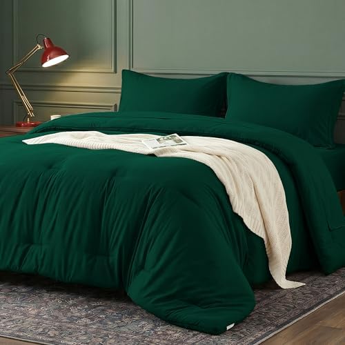 Queen Comforter Set 7 Piece with Lightweight Comforter, Dark Green