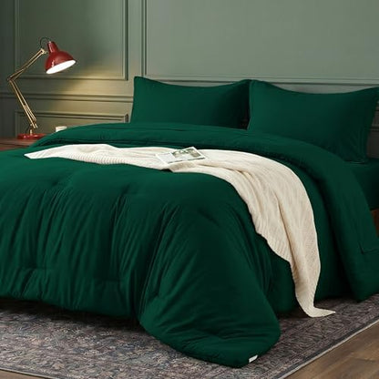 Queen Comforter Set 7 Piece with Lightweight Comforter, Dark Green