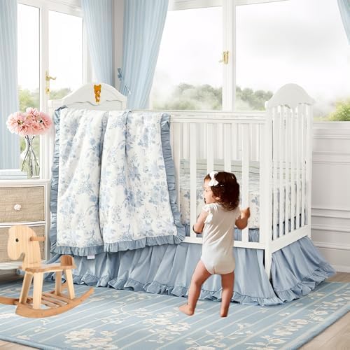 Brandream French Country Toile Crib Bedding Set for Girls Vintage Blue Grandmillennial Toile Floral Print 100% Cotton Baby Girl Nursery Bedding - 3 Pieces Ruffles Quilt,Toile Crib Sheet,Crib Bed Skirt