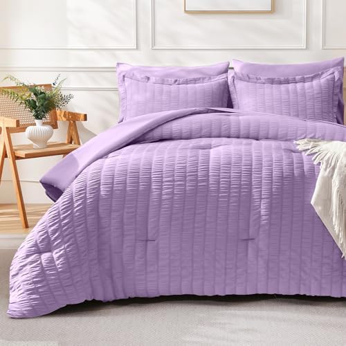 FreshCulture Comforter Set Seersucker 5 Pieces, All Season Bedding Set Twin XL, Bed in a Bag Comforter Set with Comforter, Flat Sheet, Fitted Sheet, Pillowcase and Pillow Sham, Purple