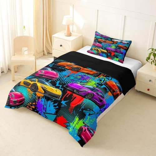 Feelyou Boys Sports Car Comforter Set All Season Speed Race Car Bedding Set with 1 Pillow Cases Racing Extreme Sports Kids Twin Bedclothes Automobile Bedroom Decor Duvet Quilt Breathable Soft