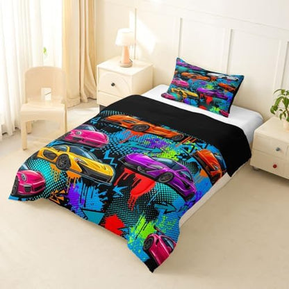 Feelyou Boys Sports Car Comforter Set All Season Speed Race Car Bedding Set with 1 Pillow Cases Racing Extreme Sports Kids Twin Bedclothes Automobile Bedroom Decor Duvet Quilt Breathable Soft