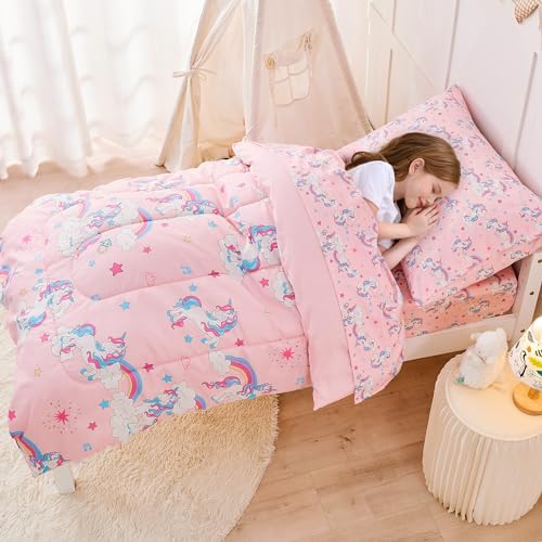 lasoftan Pink Unicorn Toddler Bedding Set for Girls, 4 Piece Bed-in-a-Bag Toddler Comforter Sets, Super Soft and Comfortable Microfiber Todeeler Bed Set