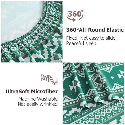 CozySmile 4 Pieces Queen Sheet Set Bohemian, Boho Sheets Soft Microfiber Deep Pocket, Western Sheets Geometric(Queen, Emerald Green)