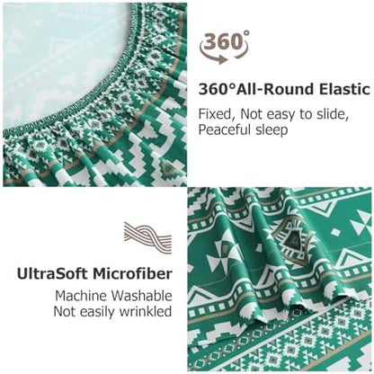 CozySmile 4 Pieces Queen Sheet Set Bohemian, Boho Sheets Soft Microfiber Deep Pocket, Western Sheets Geometric(Queen, Emerald Green)