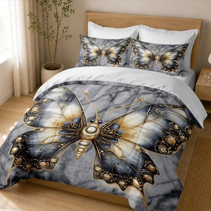 CCoutueChen Butterfly Bedding Set King Size, Grey Marble Comforter Sets for Women Marble Texture Artistic Bedroom Decor, 3 Pcs 2 Pillowcases, 104"x90"