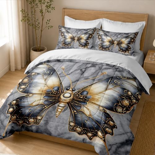 CCoutueChen Kids Butterfly Comforter Set Full Size, 3 Pcs Soft Grey Marble Bedding Set for Girls, Marble Texture Artistic Down Alternative Comforter with 2 Pillowcases, 79"x90"