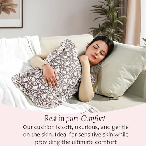 CPC Block Print Mocha Regal Ruffle Cotton Lumbar Pillow Cover 12x20 inch