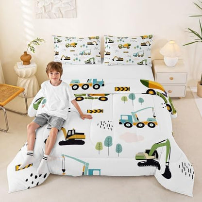 Feelyou Excavator Kids Comforter Construction Trucks Comforter Set for Boys Teens Heavy Vehicles Decor Bedding Set Cartoon Cars Green Orange Quilt with 2 Pillowcases 3Pcs Bedding Full Boys