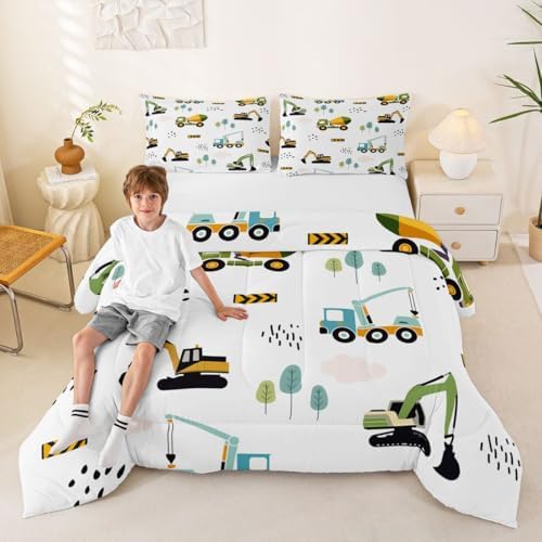 Feelyou Excavator Kids Comforter Construction Trucks Comforter Set for Boys Teens Heavy Vehicles Decor Bedding Set Cartoon Cars Green Orange Quilt Set with 2 Pillowcases 3Pcs Bedding King
