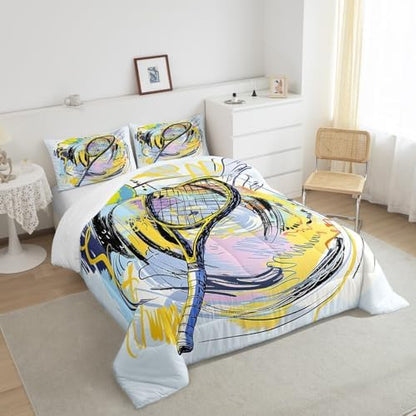 Graffiti Tennis Ball Bedding Set Twin Size,Fashion Ball Sports Game Comforter Set for Kids Boys Teens Room Decor,Cartoon Tennis Quilt Set Watercolor Youthful Duvet Insert 2pcs,1 Pillowcase
