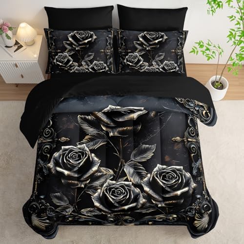 Comforter Set Queen Size Bed 7 Piece Roses，Black Queen Quilt Bedding Set Roses，Rose Bedroom Decor for Bed，(1 Comforter, 1 Flat Sheet, 1 Fitted Sheet, 2 Pillowcase and 2 Pillow Sham)