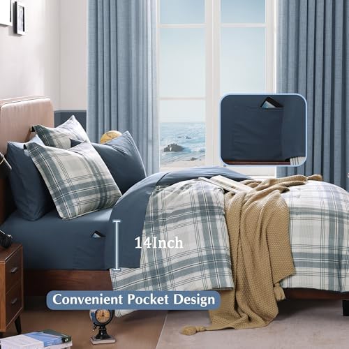 Plaid Queen Comforter Set Blue Grey 7 Pieces Farmhouse Bed in a Bag