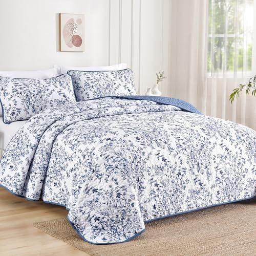 WONGS BEDDING Botanical Quilt King Size, 3 Pieces Bedspread Set,Blue