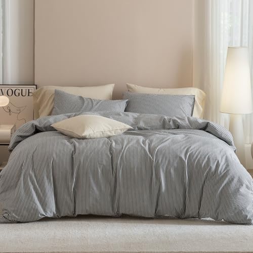 JIYUAN Super King Washed Cotton Duvet Cover Set, Linen-Like Pinstripe