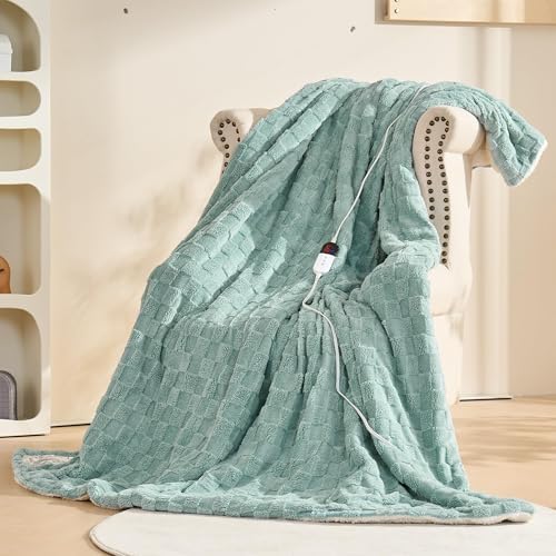 Heated Blanket Throw 50" x 60", Soft Cozy Checked, Sage Green