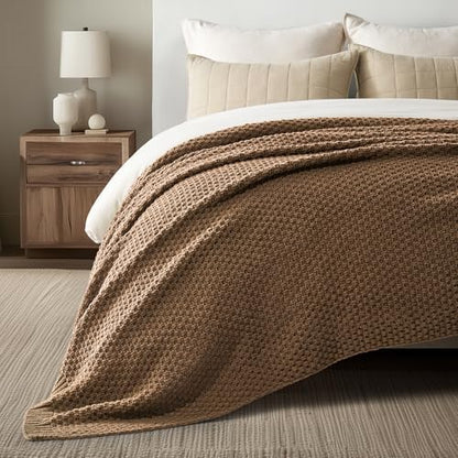 EVERGRACEHOME Chunky Chenille Knit Throw Blanket, 90 x 90, Camel Brown