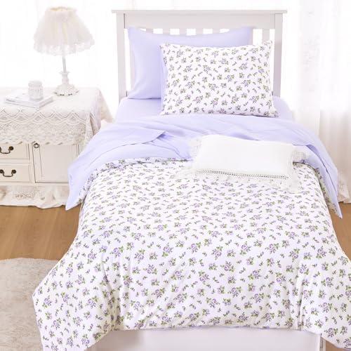 Wake In Cloud - Floral Comforter Set with Sheets, Coquette Cottagecore Aesthetic Flower Shabby Chic Pattern for Women Teen Girls, 5 Pieces Bed in a Bag, White Purple, Twin Size