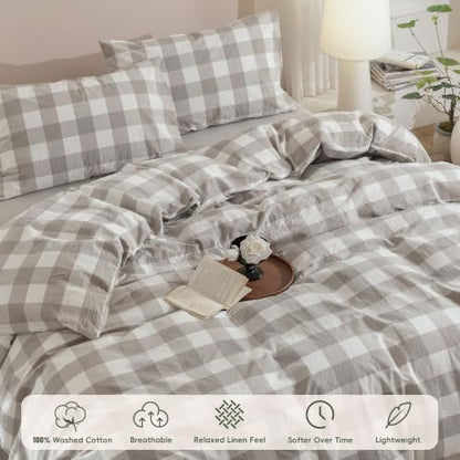JIYUAN Queen Washed Cotton Duvet Cover Set, 3-Piece, Buffalo Check