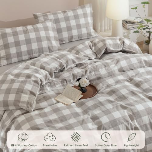 JIYUAN King Washed Cotton Duvet Cover Set, 3-Piece, Buffalo Check
