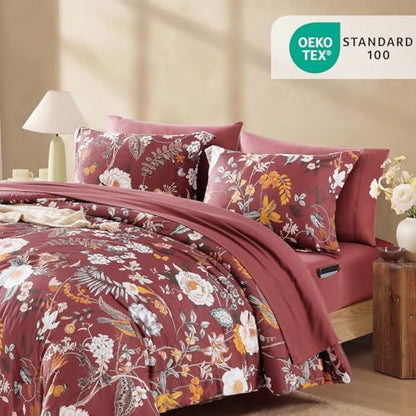 King Size Comforter Set - 7 Pieces Red Floral Bed in a Bag King Bedding Set
