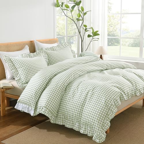 Andency Sage Gingham Duvet Cover Queen, Ruffle Shabby Bedding Set 3 Pcs
