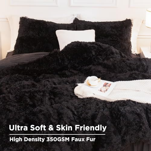 Andency Comforter Full Size Set Black, Fluffy Faux Fur Warm Bedding Set