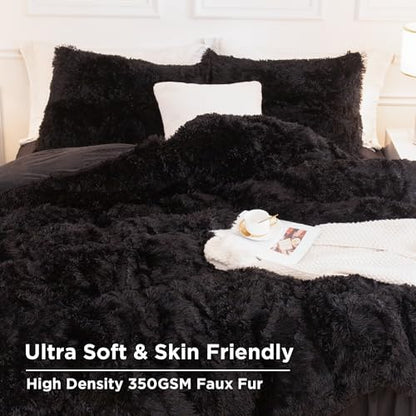 Andency Comforter Full Size Set Black, Fluffy Faux Fur Warm Bedding Set
