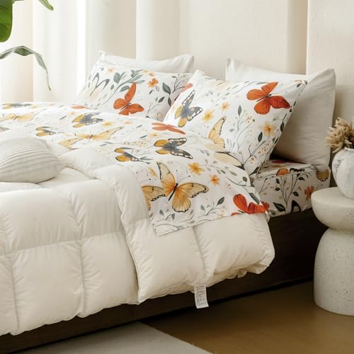 QSH Green Floral Egyptian Cotton Sheets King Size,Rosemary Flowers Butterfly Botanical Pattern Printed Bed Sheet King Aesthetic Extra Soft and Breathable 17.5" Deep Pockets King Bedding Sheets 4PCs