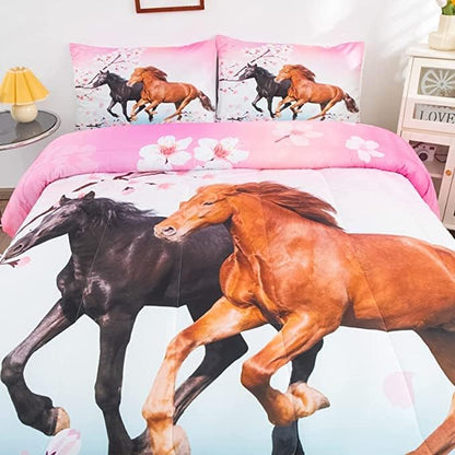 Feelyou Girls Horse Comforter Set King Size Chic Pink Cherry Blossom Bedding Set for Horse Lover Gift Farmhouse Comforter 3D Wild Animal Quilted Bedroom Decor 3Pcs