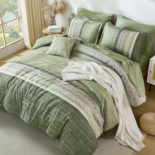 Dintszyayue Sage Green King Comforter Size Set, 8 Pieces Striped Boho Texture Bed in a Bag Sets, Lightweight Soft Bohemian Comforter and Sheet Set, All Season Microfiber Bedding Sets for Men Women