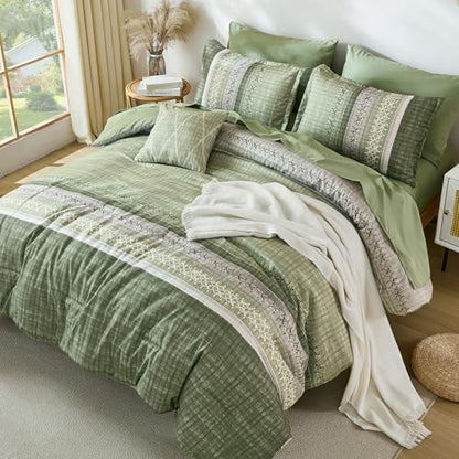 Dintszyayue Sage Green King Comforter Size Set, 8 Pieces Striped Boho Texture Bed in a Bag Sets, Lightweight Soft Bohemian Comforter and Sheet Set, All Season Microfiber Bedding Sets for Men Women